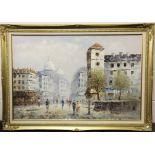A gilt framed oil on canvas depicting a Parisian scene signed Burnett, framed size 105 x 75cm.