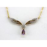A 9ct yellow and white gold necklace set with amethyst and diamonds.