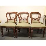 A set of six green upholstered mahogany balloon back dining chairs together with purchase receipt,