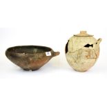 Antiquities interest. Two early restored pottery items, basket Dia. 26cm, jar H. 22cm.