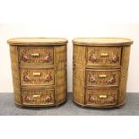 A pair of hand painted cane bedside tables, H. 49cm, size 43 x 33cm.