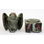 A Chinese carved and painted stone cong together with a similar stone bird figure, bird H. 9cm.