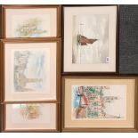 A watercolour and four framed prints.