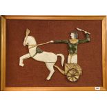 A large 1960's ceramic wall sculpture mounted on hessien and in a pine frame, frame 81 x 61cm