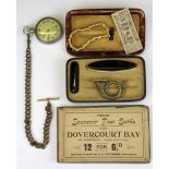 A celluloid box and contents including pocket watch and two sets of vintage post cards.