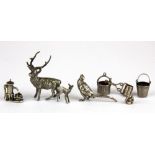 A group of mixed silver miniature animals and other items, stag H. 4.5cm.