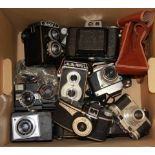 A box of mixed cameras including Lubitel 2 and Halina Prefect.