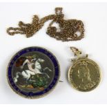 A hand enamelled 1920's silver coined brooch and a further coin pendant.