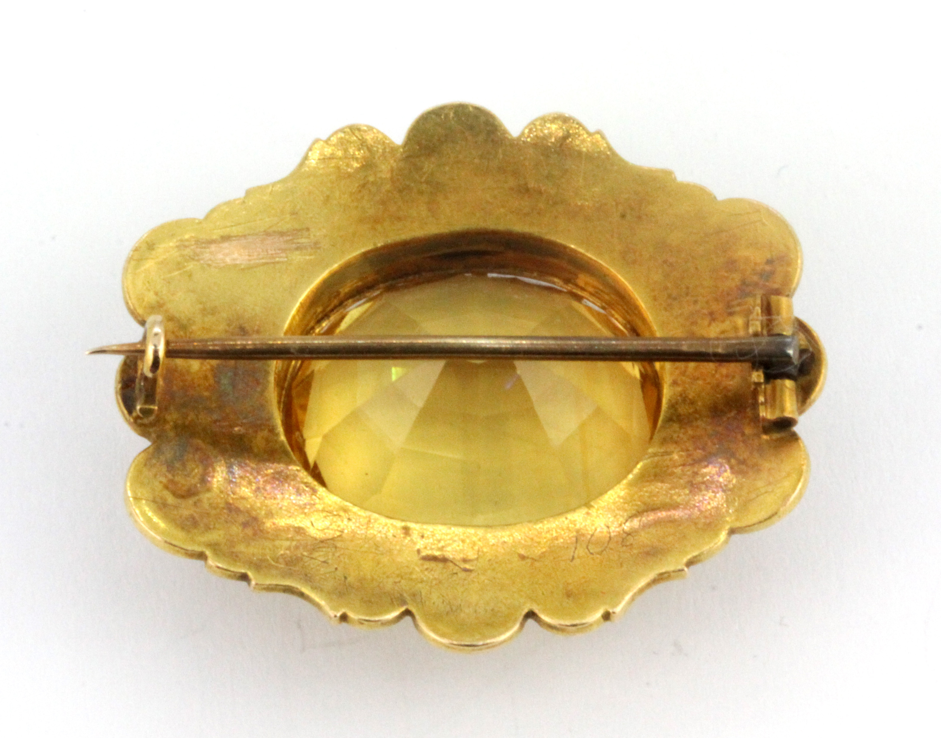 A yellow metal (tested high carat gold) brooch set with a large citrine, 3.3 x 2.8cm. - Image 2 of 2