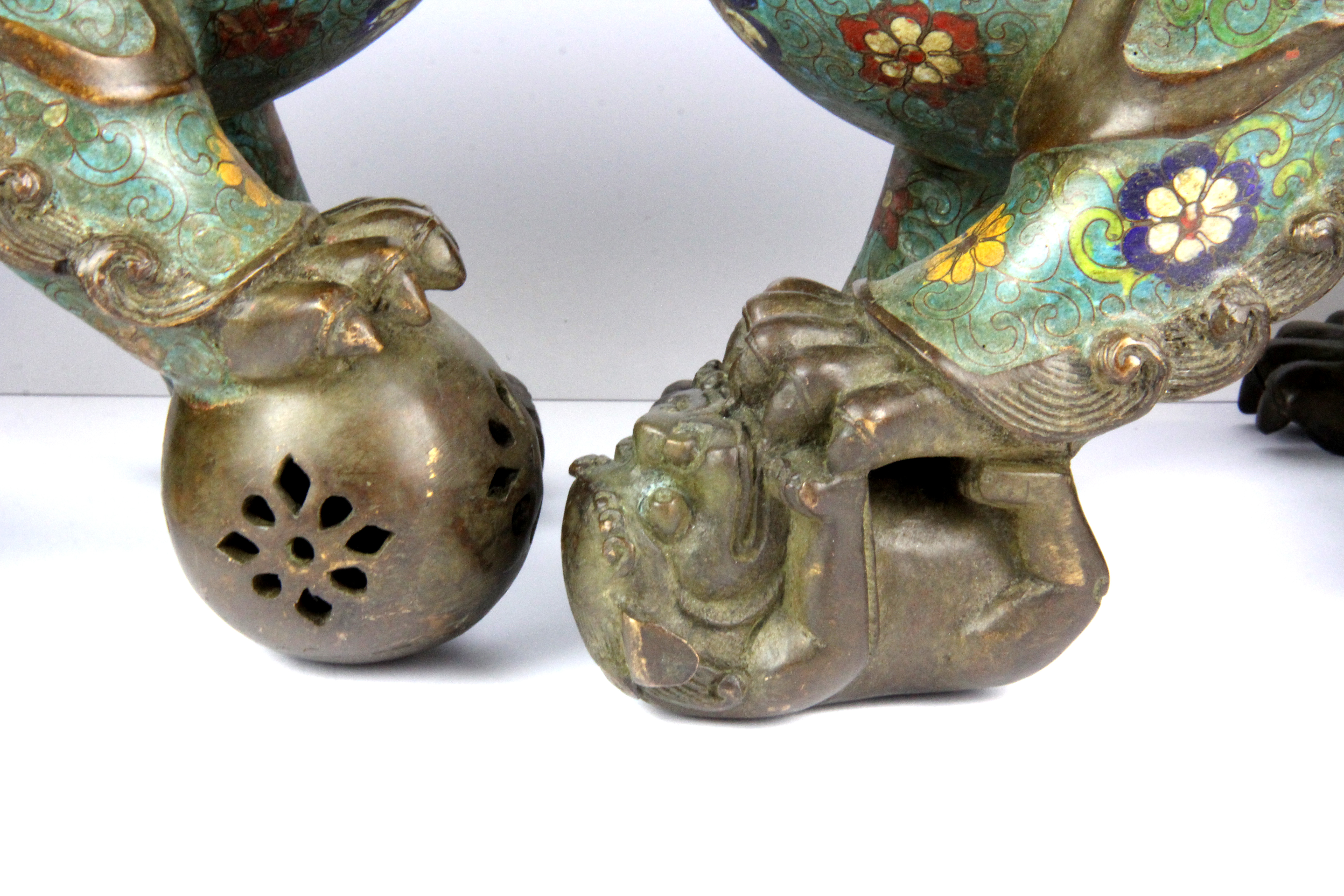 A pair of Chinese cloisonne enamel on bronze lion dog figures, H. 27cm. - Image 3 of 3