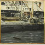 A gilt framed oil on canvas of a dockside, framed size 83 x 80cm signed Kathleen Hyldon.