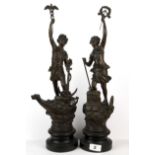 A pair of French Art Nouveau spelter figures, H. 48cm.
