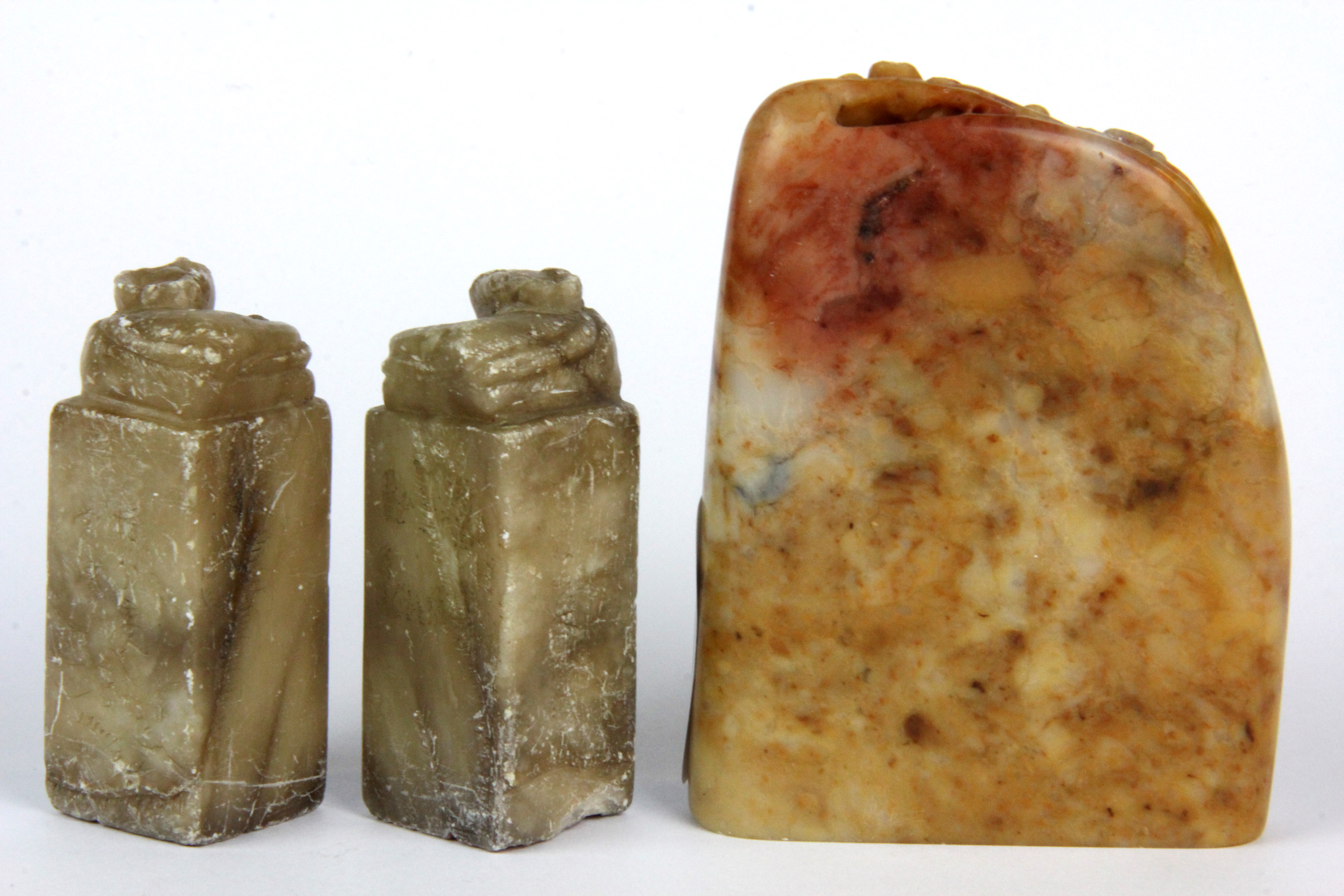 Three mid 20th Century Chinese carved soapstone seals, tallest H. 10cm. - Image 2 of 3