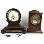 Two 19th Century wooden mantle clocks, tallest H. 26cm.