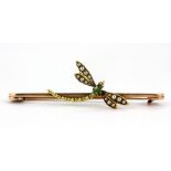 A rose and yellow metal (tested minimum 9ct gold) dragonfly shaped bar brooch, set with pearls,