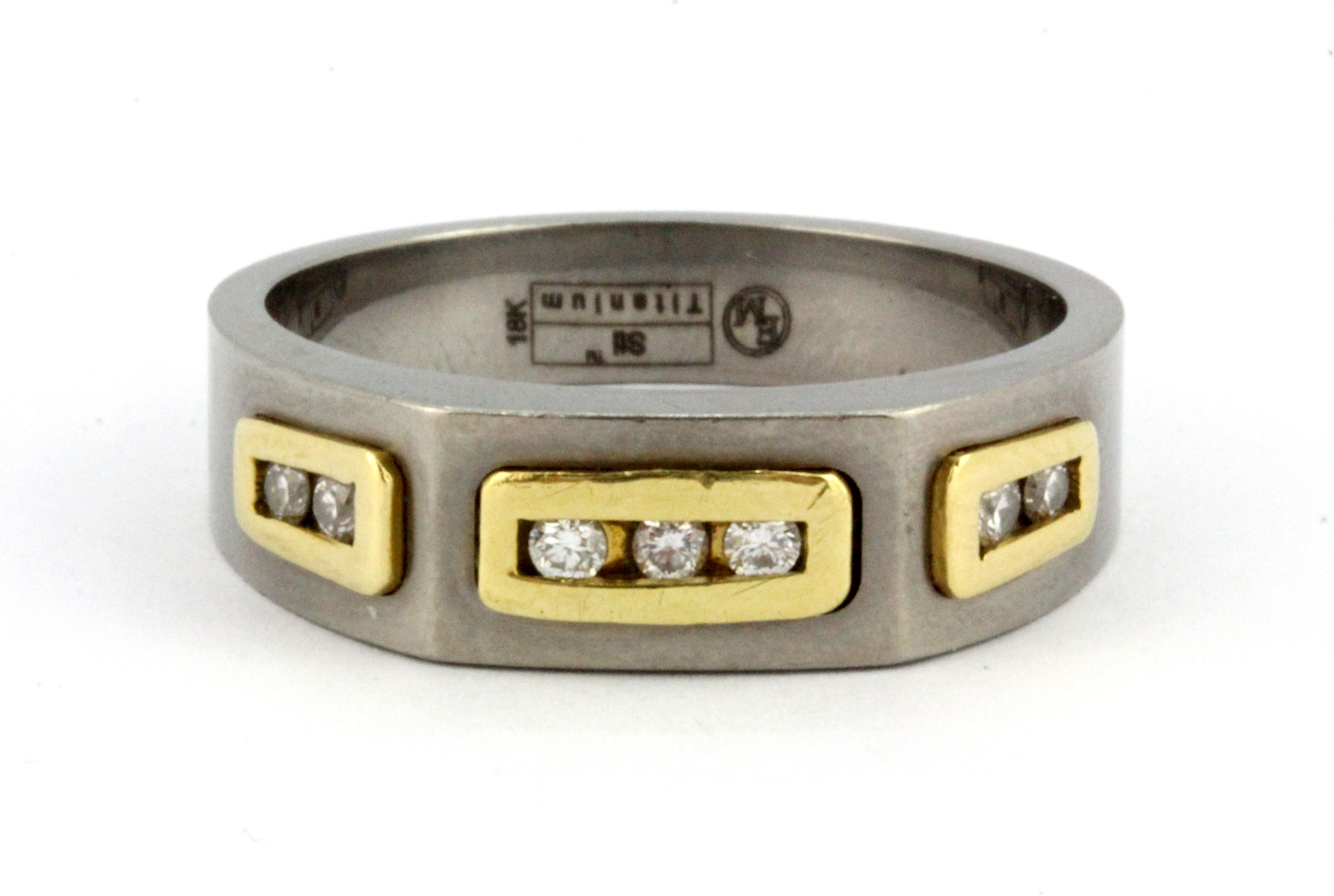 A gentleman's 18ct yellow gold and titanium diamond set ring, (X).