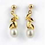 A pair of 14ct yellow gold (stamped 14k) pearl set drop earrings, L. 2.6cm.