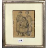 An interesting framed pencil sketch on brown paper of three women, framed size 32 x 36cm.