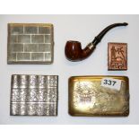Three cigarette cases, a matchcover and tobacco pipe.
