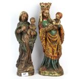 Two 19th Century continental painted wooden figures of the Madonna and child, tallest H. 41cm.