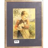 A framed and signed Austro-German watercolour of a girl with a cat c.1920, framed size 29 x 36cm.