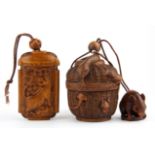 A carved fruitwood inro with ojime and netsuke and a further inro and ojime, basket H. 7cm.
