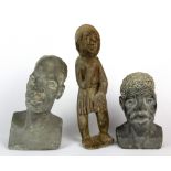 An African carved stone figure and two carved stone busts, figure H. 20cm.