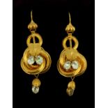 A pair of boxed yellow metal (tested high carat gold) stone set drop earrings, L. 4.5cm.