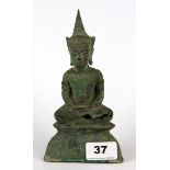 An early Burmese bronze covered figure of the seated Buddha, H. 18cm.