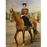 A large painting on board of Her Majesty the Queen Trooping the Colour, signed Dick Bascher, size 92