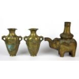 A pair of Chinese mid 20th Century bronze vases, H. 17cm together with a bronze/brass elephant