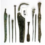 Antiquities interest. A group of bronze hair pins, a bronze surgeon's saw blade and a small bronze