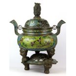 A large Chinese cloisonne enamelled on bronze three foot censer and stand, H. 50cm
