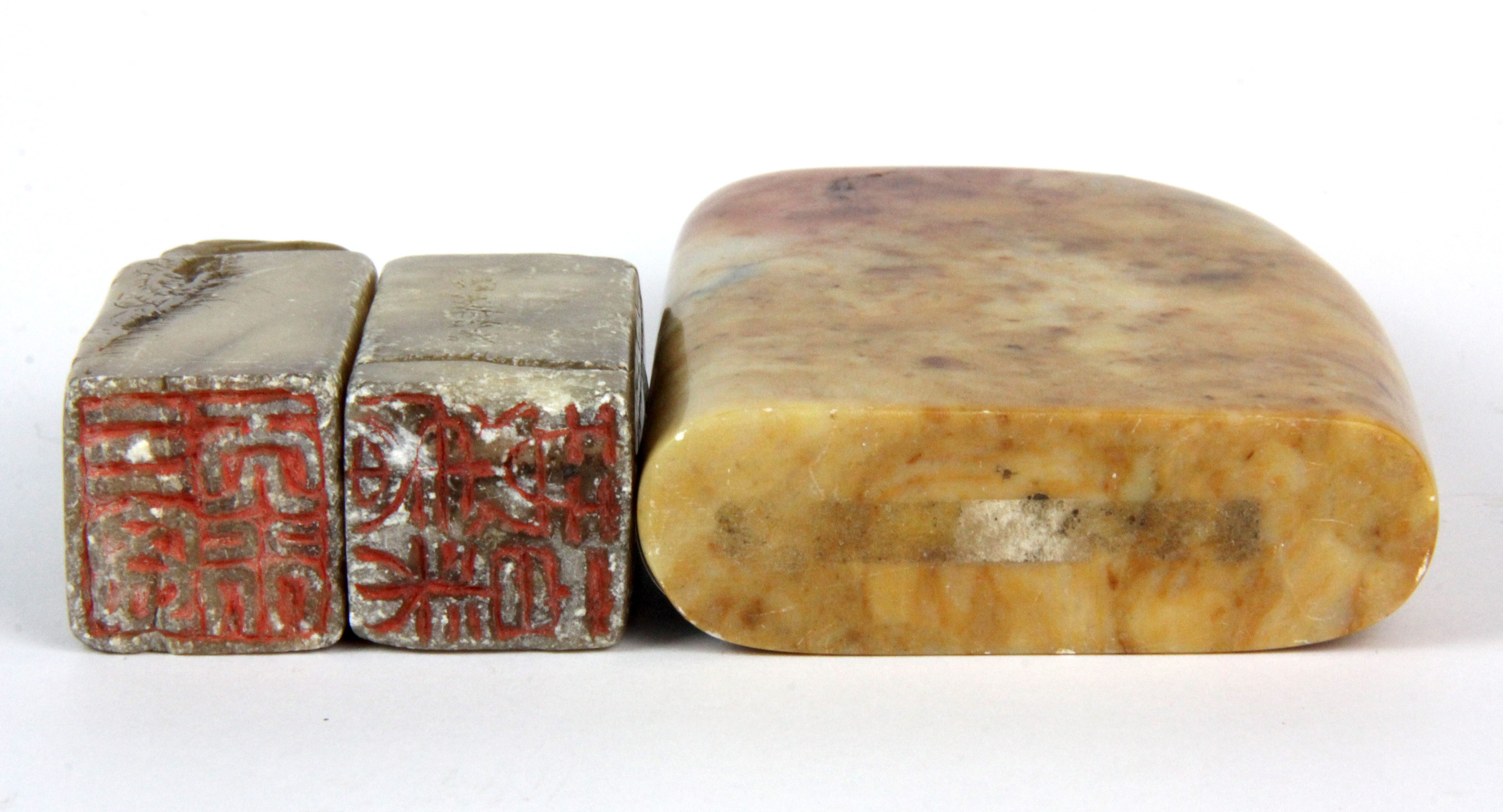 Three mid 20th Century Chinese carved soapstone seals, tallest H. 10cm. - Image 3 of 3