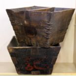 Two antique Chinese wooden rice buckets, 36 x 36 x 25cm.