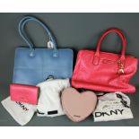 A DKNY Ladies pink leather handbag together with a blue leather Filofax handbag and a Rebecca