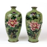 A pair of 19th Century Japanese cloisonne on silvered copper vases, H. 12cm. (Condition very good)