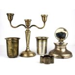 A hallmarked silver Capstan inkwell, Dia. 12cm together with a three branch silver candelabrum,