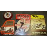 Four reproduction tin advertising items, largest 50 x 70cm.