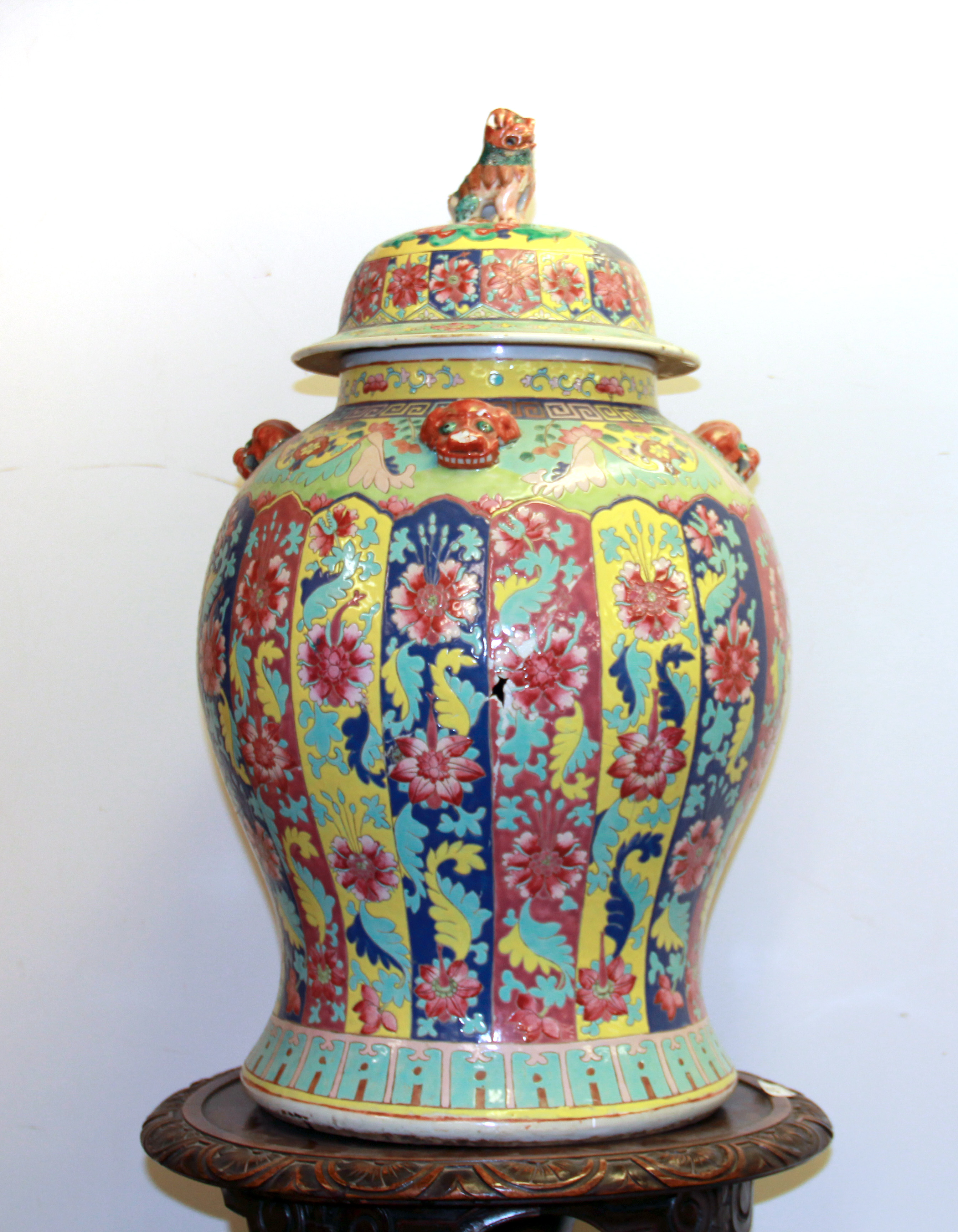 A large 19th Century Chinese hand enamelled porcelain jar and lid A/F, H. 62cm.