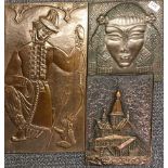 Three interesting Russian hammered copper on wood wall panels, largest 28 x 51cm.