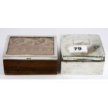 A hallmarked silver cigarette box and a silver mounted wooden box, first box 9 x 9 x 4.5cm.