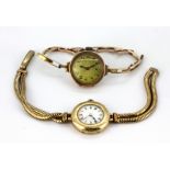 A lady's 9ct yellow gold wrist watch with adjustable strap and a 9ct gold watch with rolled gold