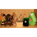 A group of mixed glass and wood items.