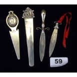 Four hallmarked silver bookmarks including 1937 Edward VII cancelled coronation.