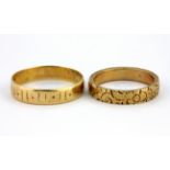 Two 18ct yellow gold patterned rings, (L &P), W. 6.4g.