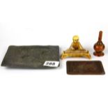 A Chinese carved wooden lucky character 'card', size 9 x 6.5cm together with a cast antimony dish, a