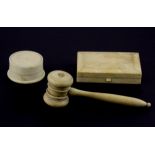 A 19th Century turned ivory gavel with a screw top rouge pot and an Indian ivory cigarette case