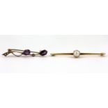 Two 9ct yellow gold brooches, set with amethysts and pearls, L. 3.5 & 4cm.