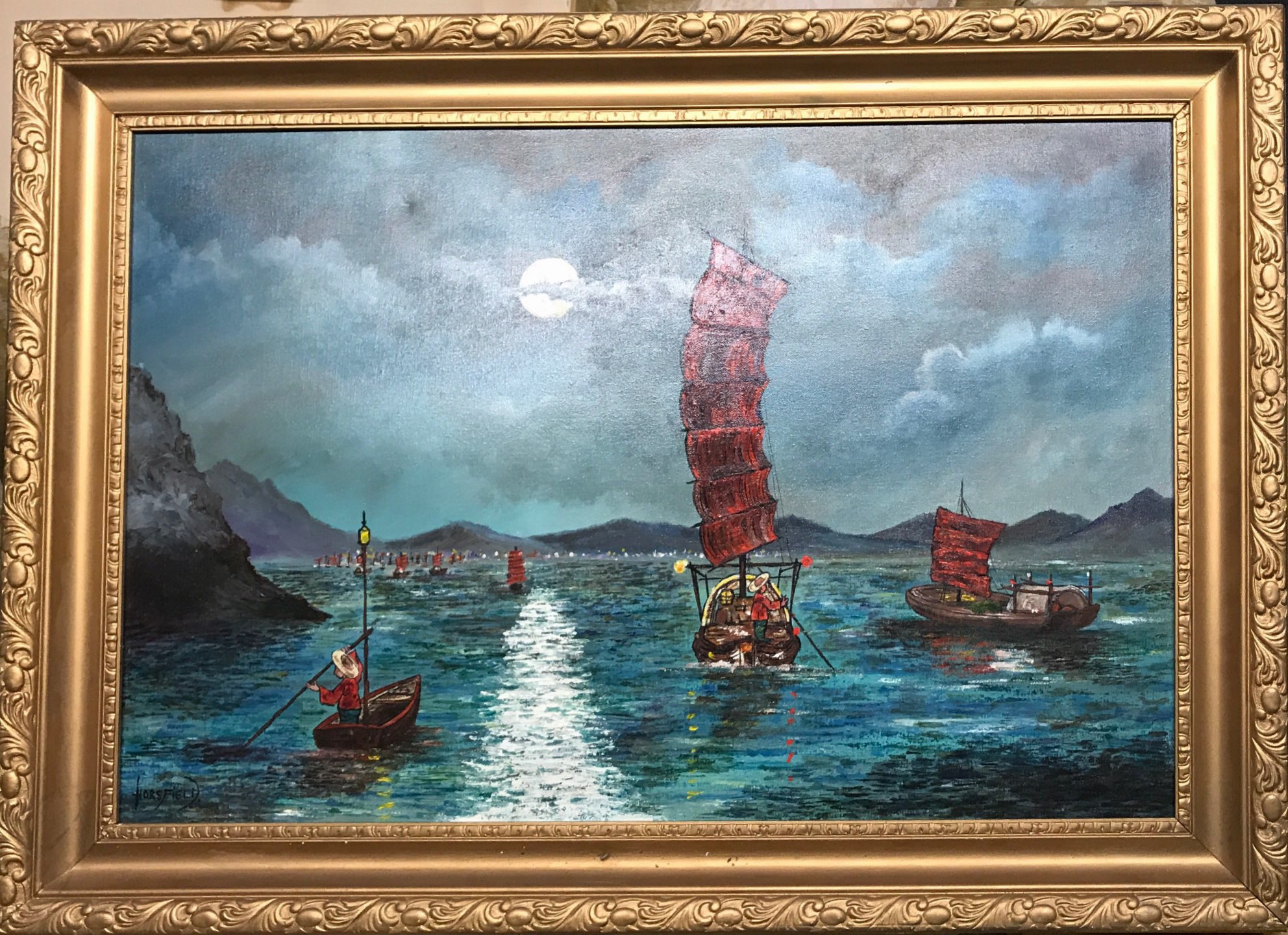 A gilt framed oil on canvas of Chinese sailing ships, size 88 x 64cm.